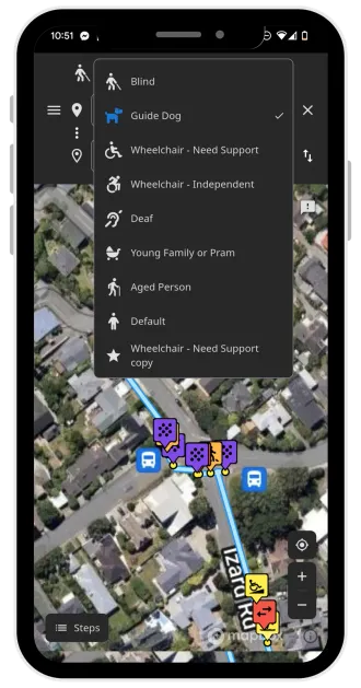 App access-profile menu with options including blind, guide dog, wheelchair, deaf, young family and aged person