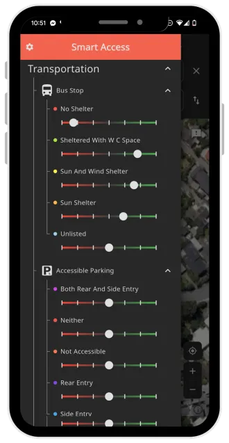 App feature filters for bus-stop shelter and accessible parking