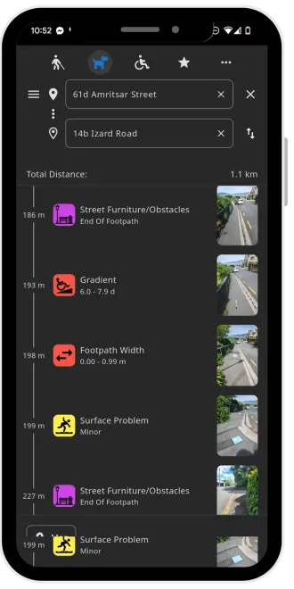 A list of features along a route with distances, measurements and photos